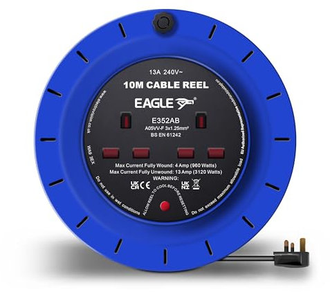 Eagle 2 x UK Socket Extension Reel with Cassette Type Holder, Restable Thermal Safety Cut Out Protection, Winding Handle, UK Plug. Extending Extension Lead 13 Amp 10m