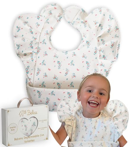 BELEA Baberos Bebe Impermeables BLW sin Mangas con Volantes Ajustable de 6 Meses a 5 Años Bolsillo Recogemigas Babete Impermeável Bebe Waterproof Sin BPA Lavable Regalo Babyshower Cumpleaños Bebé Niña