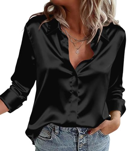 Zeagoo Camicia da Donna in Raso di Seta Camicetta Elegante Bluse Scollo a V Camicia a Maniche Lunghe Button Down a Tinta Unita Shirts Nero M
