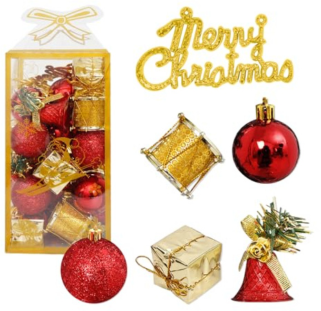 Taeku Boules de Noël incassables – 32 Pcs Décorations Sapin de Noël à Suspendre avec Grelots, Tambours, Boîtes Cadeaux, Textes, Ornements Festifs pour Sapin, Guirlande, Fêtes et Mariage (Rouge Or)