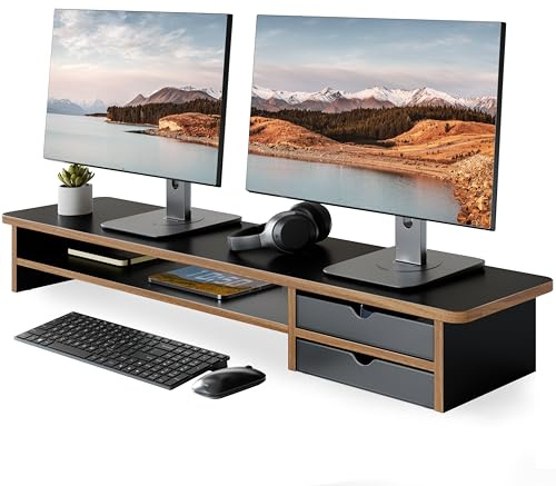 Fenge Réhausseur d'Écran PC Bureau,2 PC Tiroirs,Moniteur Stand,108cm,Noir