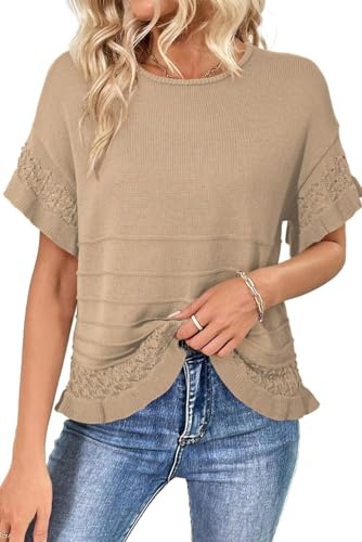 Dokotoo Women's Tops 2026 Summer Casual Short Sleeve Sweaters for Women Oversized Crewneck Spring Elegant Solid Pullover Sweater Trendy Fashion Crochet Knit Top Loose Fit Outfits Apricot Medium