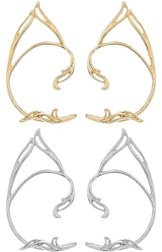 2 Paar elfenohren,Ear Cuff Elfen Ohrringe für Damen,Gold und Silber Elfenohren Catwoman Ohrschmuck,Elf Ears Elfen Ohren Elfenohren Schmuck für Elben Kostüm Feenkostüme Frauen Halloween Cosplay