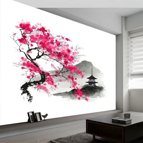 Carta da parati panoramica cima montagna albero ciliegio fiore, carta da parati tradizionale orientale per camera da letto soggiorno sala da pranzo - Decorazione murale moderna sfondo 300L x 210A cm