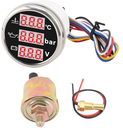 Kit sensore strumento 3 in 1 Temperatura liquido di raffreddamento motore Misuratore di pressione olio Voltmetro batteria Auto Barca 52mm Display digitale retroilluminato (Copertura argentata con