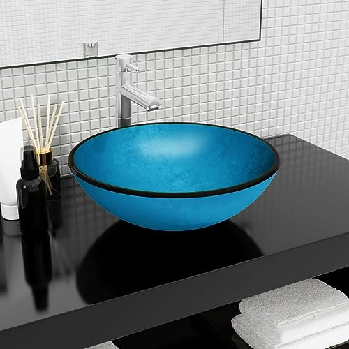 Lavabo da appoggio in vetro temperato, 42 x 14 cm, colore blu, durevole e resistente, per bagno, lavandino e cella bagnata, facile da pulire, moderno