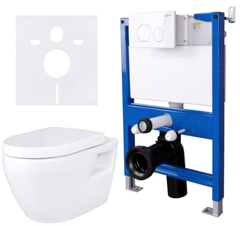 Belvit Wand WC Komplettset, Weiß, 75-82 cm | mit Vorwandelement, spülrandloses Hänge WC, Softclose Sitz, Unterputz Spülkasten mit Drückerplatte, für Trockenbau