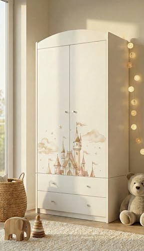 Happy Babies Kinderkleiderschrank mit bezauberndem Motiv – 2-türiger Schrank für Kinderzimmer inkl. 2 Schubladen, Kleiderstange & Einlegeböden, Weiß (88x187x54 cm) (nr 389)