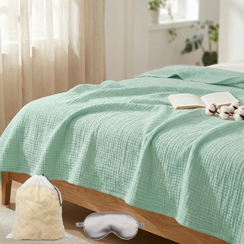 Sanfte Musselindecke 150x200 cm aus 100% Baumwolle, Leichte Musselin Decke Erwachsene für Sommer - Atmungsaktive Kuscheldecke & Tagesdecke für Sofa, Couch und Bett (Frisches Grün,150×200 cm)