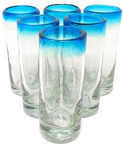 Hand Blown Mexican Tequila Shot Glasses – Set of 6 Aqua Rim Tequila Shot Glasses (2 oz each) …