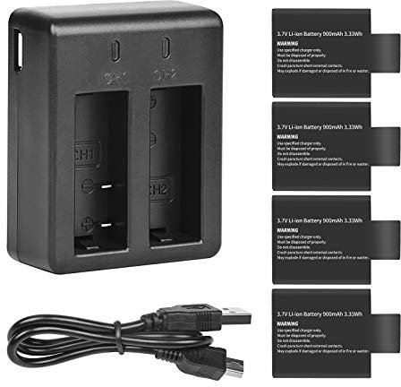 SHOOT -Kit de baterías de repuesto con cargador dual de 3,7 V, 900 mAh, baterías de iones de litio compatibles con SJCAM SJ4000, SJ5000, SJ6000, para cámaras de acción M10