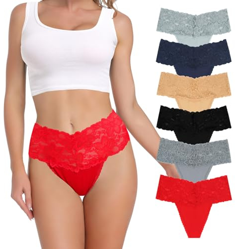 Deigecil Hohe Taille Retro Tangas Für Frauen Weich Bequem Nahtlose Spitze Baumwolle Damen Höschen Plus Size 6er Pack, XXL