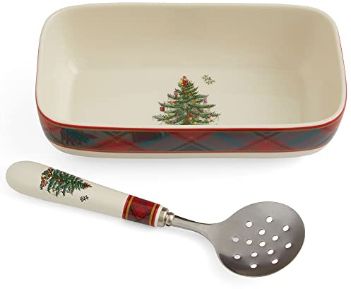 Spode Weihnachtsbaum-Servier, rechteckig, mit Schlitzlöffel, 20,3 x 10,8 cm, Schlitzlöffel, 20,6 cm