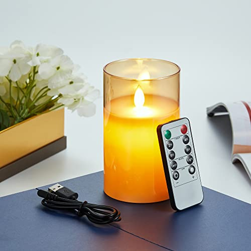 Bougies LED, Bougies Sans Flamme Vacillantes, Bougie LED Rechargeable avec Verre, Bougies en Cire Réelle avec Télécommande, Fonction Minuterie, Dimmable pour Décoration Mariage Anniversaire 15cm-Brun