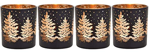 Windlichter für Teelichter aus Glas | 4 Teelichtgläser für den Adventskranz | Teelichthalter Set Weihnachtsdeko Winterdeko (Tannenbaum schwarz)