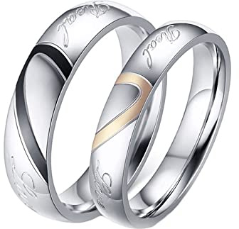 Homxi Freundschaftsringe für 2 mit Gravur,Edelstahl Ring Verlobungsring Silber 4/5MM mit Rund Herz Puzzle Verlobungsring Paar Damen 49 (15.6) + Herren 54 (17.2)