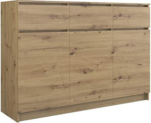 CDF Kommode Artisan 3 Türen 3 Schubladen Komode & Sideboards Schmal Schubladenkommode Sideboard 75 cm Hoch Wohnzimmer Komodenschrank 40x120x75 für Schlafzimmer Arbeitszimmer Flur Schubladenschrank