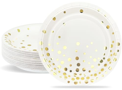 Pappteller, Partyteller Goldfolie Teller Set ​23cm Partygeschirr Set, Weiß mit Gold Gepunktete 50 Stück Papier Teller zum Abschlussfeier, Jubiläums, Valentinstag, Einweihungsfeier,