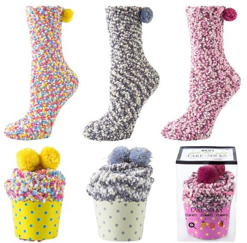 Kotashion Geschenke für Frauen Kuschelsocken Damen 39-42 Cupcake Flauschige Socken Kuschelsocken Wintersocken Haussocken Warme Bettsocken Wichtelgeschenke MEHRWEG