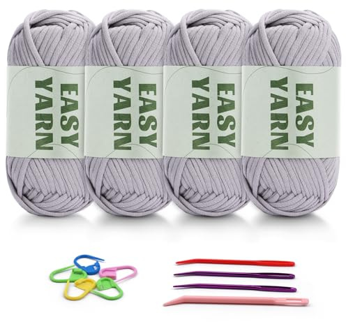 4 X 50g Dicke Wolle zum Gäkeln Easy Yarn Häkelwolle Für Anfänger | Wolle zum Häkelns Schlauchgarn zum Häkeln Häkelgarn Anfänger Häkelns Dicke Wolle gut Sichtbare Maschen Hellgrau
