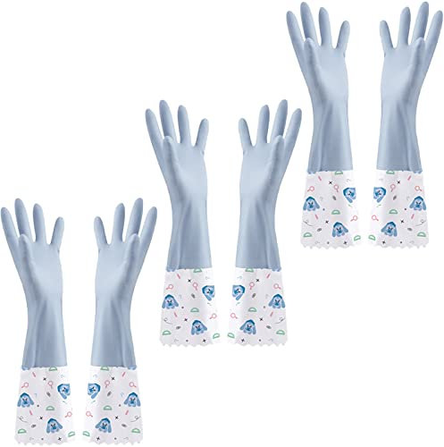 BAMFY Lange Manschette Putzhandschuhe 3 Paare Gummihandschuhe, Haushalt Reinigungshandschuhe rutschfest Haushaltshandschuhe Gartenarbeit, Tierpflege (Color : Blau)
