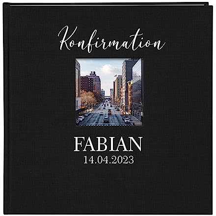 AWASG Fotobuch zum selbstgestalten einkleben mit Name | Fotoalbum 25x25 cm personalisiert mit Wunschtext | Album aus Leinen 60 Seiten weiß | Kommunion Hochzeit Taufe & Co. (schwarz)
