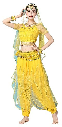 OTMYIGO Bauchtanz-Kostüm-Sets für Frauen, Bollywood, indisches Bauchtanzkleid, arabische Bauchtänzerin für Frauen, das Party-Kostüm-Set-Outfit,Gelb,XXL