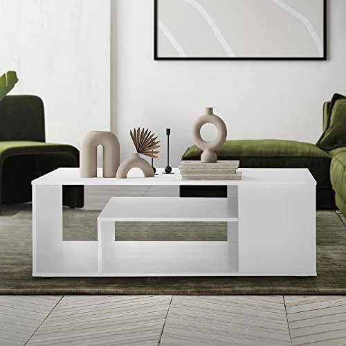 ML-Design Tavolino da caffè per Salotto 110 x 50 x 41 cm con Ripiani Tavolo da Divano Moderno con Spazio di Stoccaggio in Truciolato Rivestito Bianco Mobili da Soggiorno