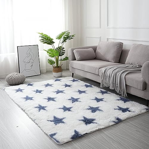 Nyescasa Hochflor Teppich Langflor Wohnzimmer Teppich Modern Flauschig Weich Rechteckig Teppich für Wohnzimmer Kinderzimmer Schlafzimmer Flur Läufer Weiß Shaggy Stern Teppich Innen 60x120cm