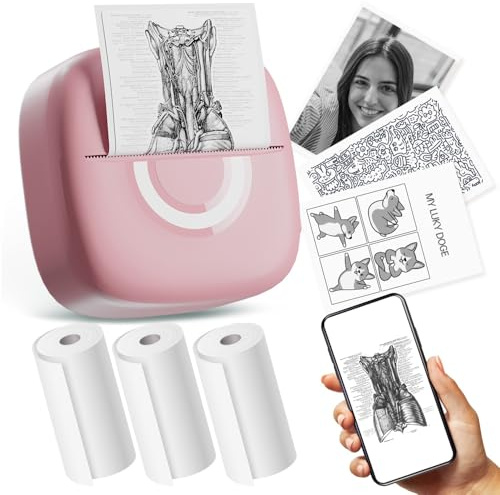 cabaro Mini Drucker für Smartphone Bluetooth mit 3 Rollen, Rosa | Kleiner Fotodrucker, Tintenloser Sticker Printer, Selbstklebender Etikettendrucker für Journal, Sofortbilder & Notizzettel
