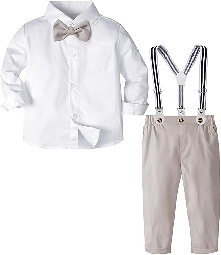 mintgreen Barn pojkar klänningar set 4 delar nyfödd jul bröllop gentlemanklänning skjorta rutig fluga byxor hängslen 1–5 år, Mandelvit, 18-24 M�nader