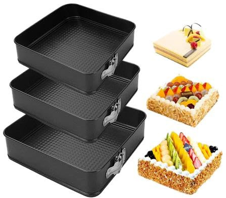 Topyond 3 Piezas Moldes para Pasteles, Molde Desmontable de Repostería, Molde Cuadrado Desmontable Antiadherente, Molde de Pastel para Pasteles Ideal para Tartas de Queso Y Esponjas(24/26/28cm)