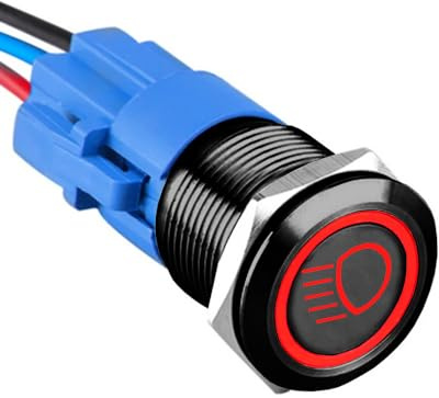 ETOPARS Nero Guscio 19mm Interruttore a Pulsante 12V 5A Interruttore a Levetta per Auto Impermeabile Metallo Interruttore a Bilanciere con Filo Rosso Luce Anabbagliante