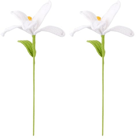 FINGERINSPIRE 2 Pack Artificial Lily Flowers Handmade Crochet Cotton Knitted Iron Wire White Lilies Artificial Flowers Crochet Bouquet for Decoration