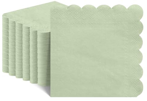 NatNarr 120 Pcs Cocktail Napkins Sage Green Wedding Napkins Disposable Baby Shower Scalloped Napkins for Bridal Shower, Birthday, 5 x 5 Inch