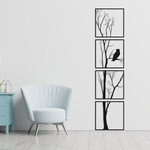 BONJUME Wanddeko, 4 Paneele Wanddeko Metall Vögel Baum Abstrakte Wandkunst Hängende 3D-Struktur Metallbilder Minimalist Line Art Wanddekoration Für Zuhause Büro Wohnzimmer Schlafzimmer Badezimmer