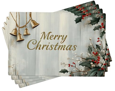 Weihnachtliche Stechpalmen-Tischsets, 4er-Set, rote botanische Tischsets für Winterurlaub, Essen, waschbar, für drinnen und draußen, festliche Stoff-Tischsets, 45,7 x 30,5 cm