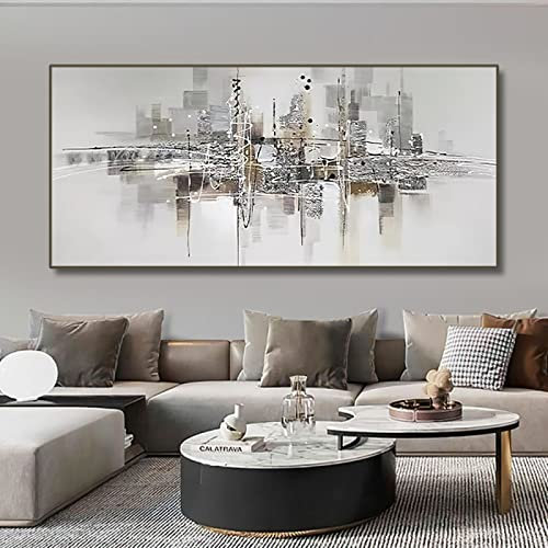 Großes abstraktes graues Ölgemälde auf Leinwand, modernes Stadtlandschaftskunstwerk für Wohnzimmer, Wanddekoration, 60 x 145 cm, schwarzer Rahmen im Lieferumfang enthalten