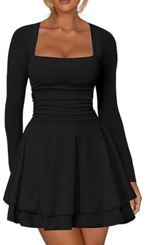 XIWCAFC Vestito Donna Maniche Lunghe Sexy Bodycon Mini Abito Colletto Quadrato con Volant Corto Vestiti da Sera Vita Alta Aderente Svasato Casual Abiti (IT, Testo, L, Regular, Regular, Nero)