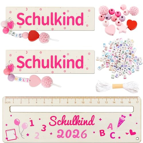 Lineal zur Einschulung 2026,2 Set Lesezeichen Schulkind Holz | Lesezeichen mit A-Z Buchstaben Holzperlen DIY,Personalisiertes Lesehilfe,Schulanfang Geschenk für Jungen und Mädchen