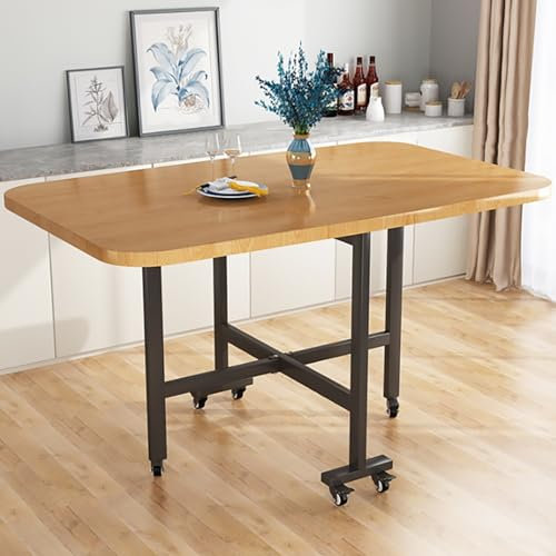 Klappbarer Esstisch mit Klappblatt, platzsparender ausziehbarer Esstisch mit 6 Rädern, Stahlrohrhalterung, in 3 Formen faltbar, für kleine Räume, Küche, Schlafzimmer, Esszimmer (Farbe: Holz,