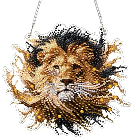 GHHKUD Löwe Diamond Painting Fensterbilder Beidseitige, Tiere Diamond Painting Anhänger mit Kette, Diamant Malerei Bilder Kristall Fensterbilder, Wandbehang Kit für Eingang und Fenster Wand Decor