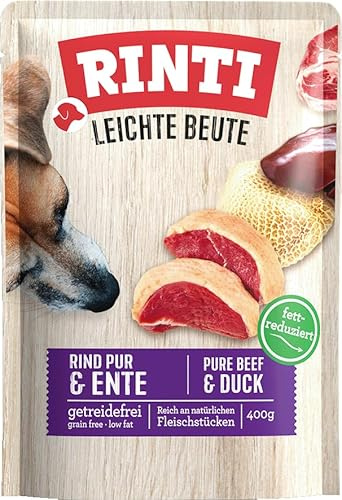 RINTI – lätt byte | fettreducerat våtfoder med naturliga köttbitar för känsliga, vuxna hundar. Helfoder i påse utan konstgjorda tillsatser | 10 x 400 g nötkött ren anka