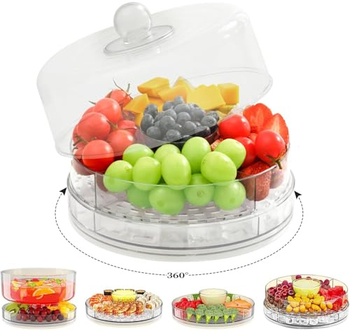 Buffet Trays with Lids, Punorric 4-Compartment Condiment Caddy, 360° Rotating Ice-Chilled Bar Accessories for Home Pub, Removable Fruit Tray Party Trays for Home Party Catering