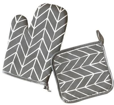 2 Pcs Oven Glove Set, Single Oven Mitt with Pot Holder (Diamond Pattern) | Grey Small Cotton Linen Oven Glove, Heat Resistant Non-Slip, for Kitchen Baking Cooking BBQ, 16x25cm & 17x17cm