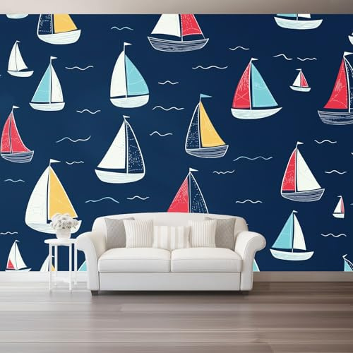 Papel tapiz fotográfico 350 x 256 cm Revestimiento de paredes decoración de salón Diseño Encantador Velero para dormitorio, sala de estar, papel tapiz no tejido, decoración de pared, Azul Marino