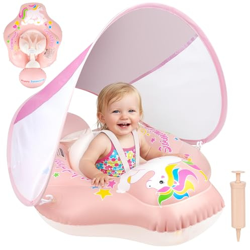 Mineup Salvagente Neonato Con Parasole, Ciambella Neonato Mare, Ciambella Da Nuoto Per Bambini, Seggiolino Gonfiabile Regolabile Con Parasole UPF50+, Galleggiante Per Bambini 12-36 Mesi