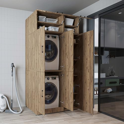 ROOMART Armario para lavadora Dora-II – 115 cm de ancho, torre de lavado para lavadora y secadora (roble, con armario superior (115 × 230 × 73,8 cm (BHT)))
