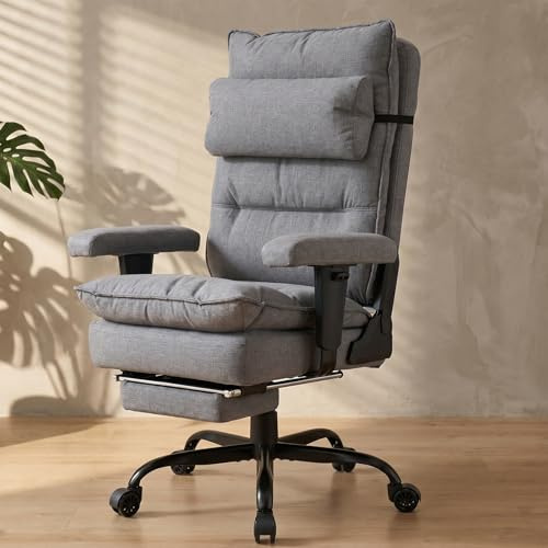 EXCEBET Bürostuhl mit Taschenfederkern, Ergonomischer Chefsessel aus Stoff mit Fußstütze, 155°Verstellbarer Schreibtischstuhl, Hoher Computerstuhl bis 180 kg, Breiter Sitz für Schneidersitz (Grau)