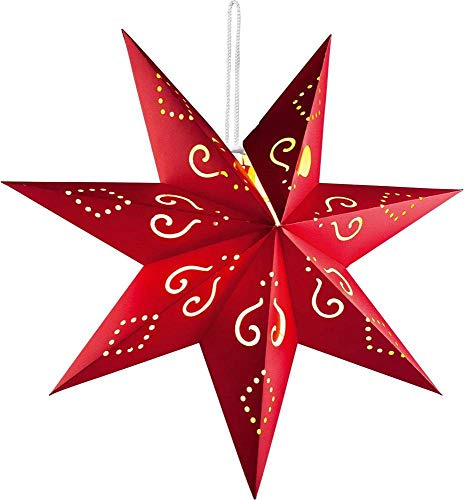 Hellum Weihnachtsstern innen, LED Papierstern beleuchtet, Stern zum Aufhängen mit Fernbedienung mit Timer, roter Stern Weihnachtsdeko Fenster batteriebetrieben Ø60cm Weihnachtsbeleuchtung innen 521795